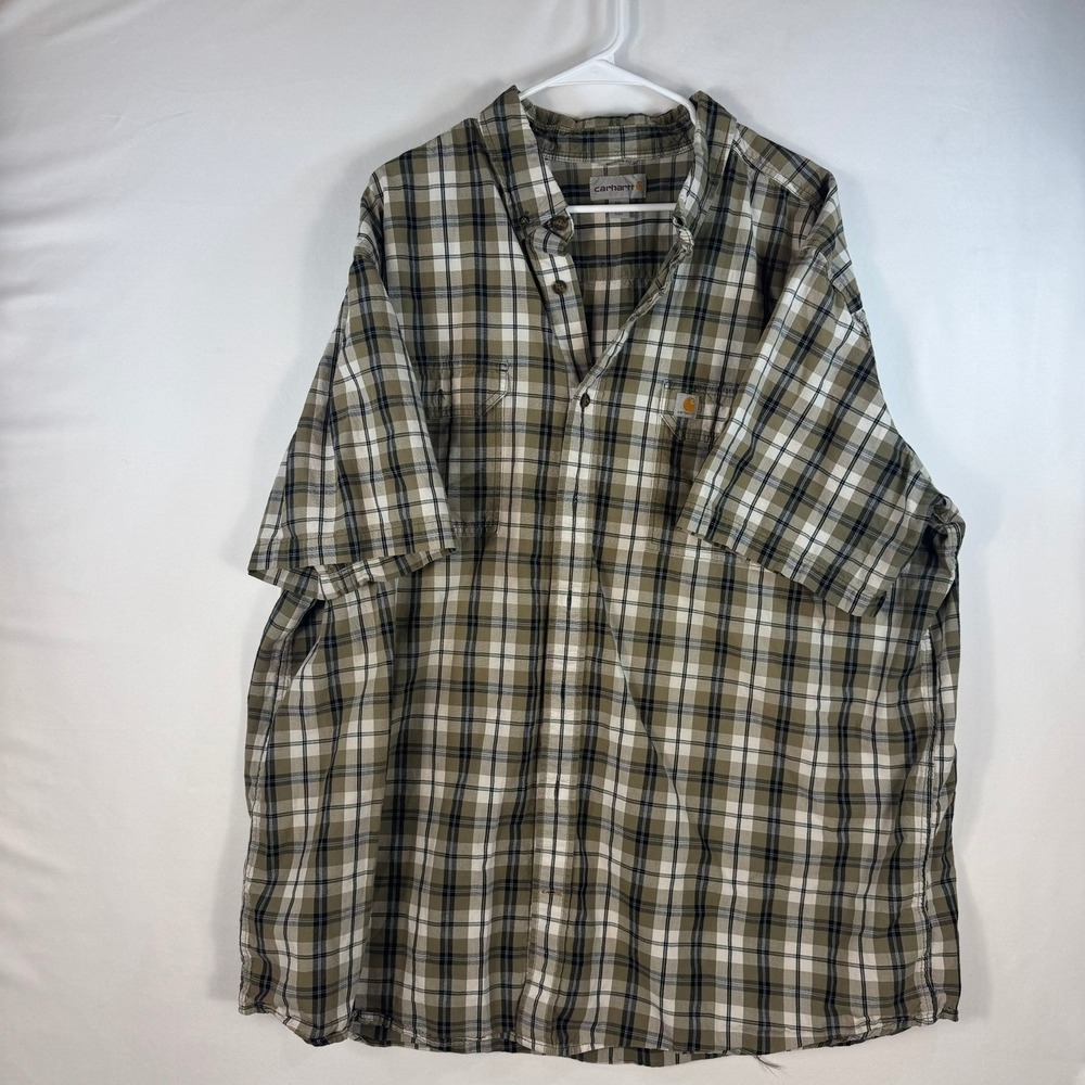 Carhartt Mens 3XL Tall Plaid‎ Short Sleeve Button Down Shirt Olive Green 103006
